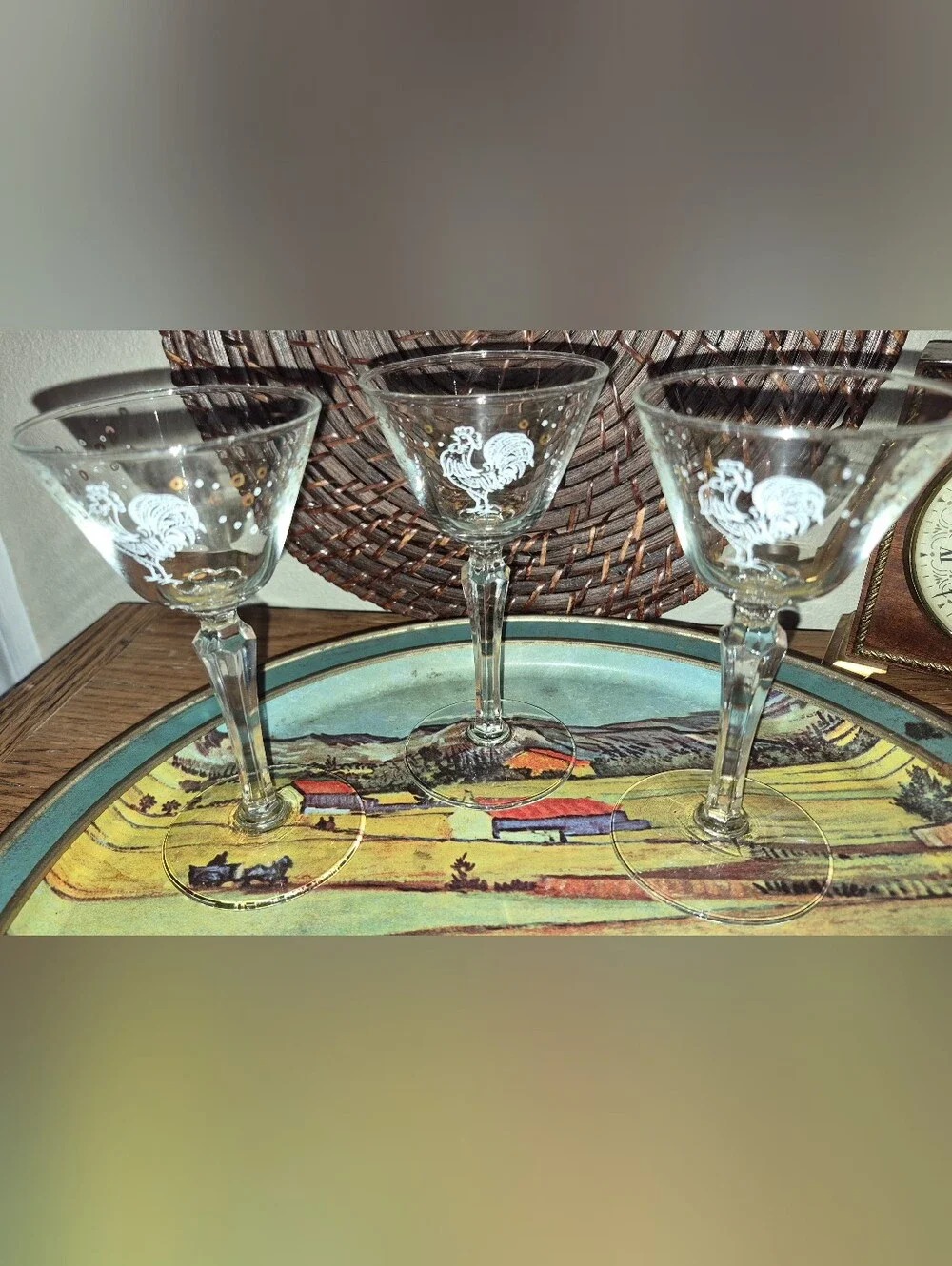 MCM Libbey Glass Rooster CHANTICLEER 3 Pc Cocktail Martini Set Stemmed Barware